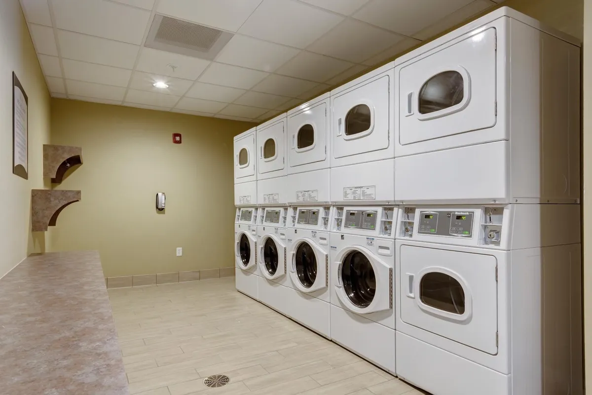 A practical laundry area with a row of washing machines, a countertop for folding, and decorative wall shelves providing a tidy, functional space. The setting communicates efficiency and convenience for travelers.